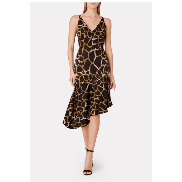 Milly asymmetrical Black "Dashielle" Giraffe Hi Low ruffle Flare Midi Dress 6 - Picture 1 of 10